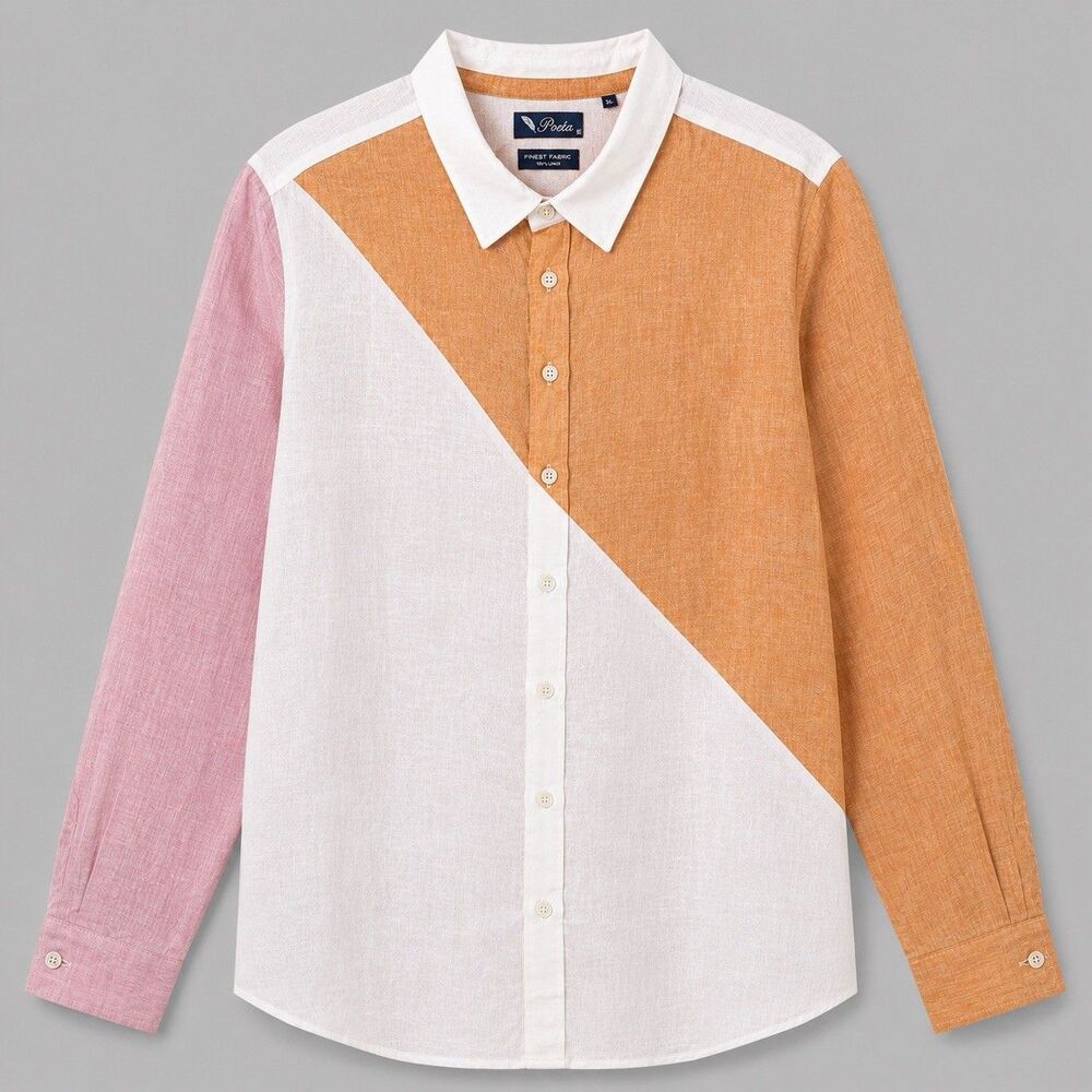 Poeta Women’s XL Colorblock Pink Orange White 100% Linen Button Front Top NWOT
